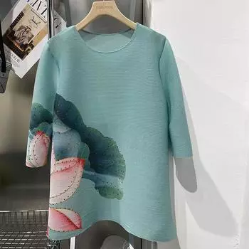 Сложенный дизайн с круглым вырезом и принтом лотоса, футболка с рукавами 5/4, свободный крой, новый весенне-летний стиль. One Size зелёный