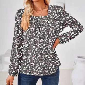 Сложенный жаккардовый квадратный вырез с длинными рукавами свободная футболка топ для женщин S чёрный