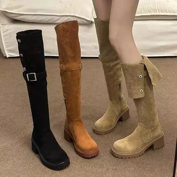 Сложите два колена эластичные сапоги женские 2024 новые замшевые модные темпераментные рыцарские сапоги толстый каблук модные сапоги 35 хаки