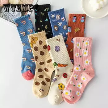 Случайные пять пар женских носков с модным принтом и рисунком из мультфильмов, зимние толстые теплые ворсовые носки in random