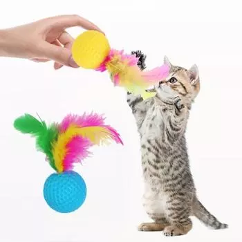 Случайный цвет перьевой мяч для гольфа для кошек, мяч-дразнилка для кошек, игрушки для скрежетания зубами для собак, щенков, котят random color