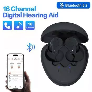 Слуховой аппарат Bluetooth, перезаряжаемый слуховой аппарат, 16-канальный, мини, беспроводной, цифровой, тяжелая потеря слуха, шумоподавление Audifonos TWS01 чёрный