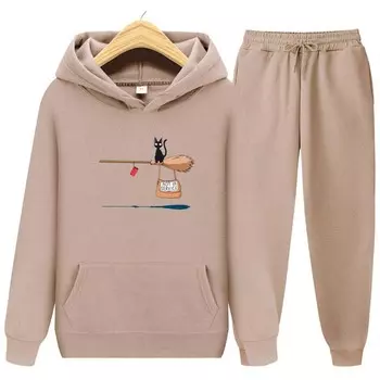 Служба доставки Kiki s Cat On Magic Broom с принтом, женские толстовки с карманами и длинными рукавами, спортивные костюмы, брюки для бега, плотная теплая одежда S