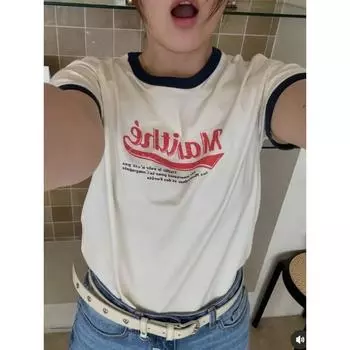 Служба закупок корейской продукции, модная одежда в стиле американского ретро, контрастного цвета, с буквенным принтом, лоскутная одежда с круглым вырезом M бежевый