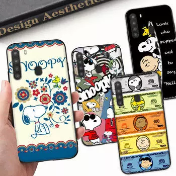 SM18 Snoopy черный мягкий чехол для iPhone 16 15 Plus 14 13 Pro 8 SE XR XS Max P30 Nova 5T Y5P Y6 Y7 Y8P Y9 Realme C30 C33 C31 VIVO Y36 V27 Samsung J4 Core арлекин