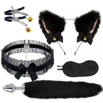 SM Cosplay Anal Plug Tail Collar Human SM Nipple Clip Bell Nipple Attack Adult Goods Cat Ears Headband Choker Women Anal Plug Development Beginner