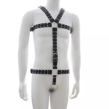 SM Goods Кожаная сбруя для тела Мужская панк-кожаная верхняя клетка для груди Полусбруя Хардкорная сбруя Связывание Сексуальное экстремальное нижнее белье Связывающий костюм
