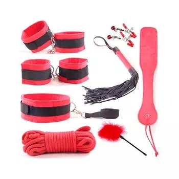 SM Kit Under Bed Restraint Set Love Cuffs Bed Restraints Kit incl Bondage Gear,Ankle,ollars Leash,Cotton Rope,Gag,Whip,Eye Mask (Style - B)