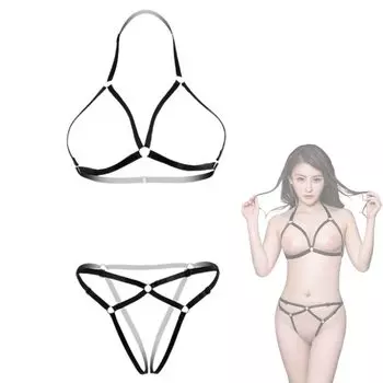 SM Open Cup Open Crotch Black 2 Piece Top and Bottom Set Free Size Extreme Thong Panties Sexy Lingerie [MONEON] Women s