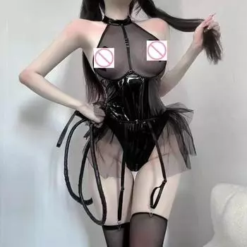 SM Perspective Fun Lingerie Sexy PU Patent Leather Mesh Splicing Hanging Neck Lingerie Shesh Skirt Hem Jumpsuit Role Playing One Size