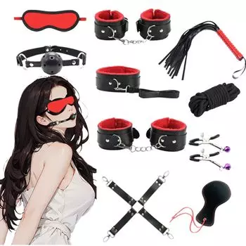 SM Restraints Adult Goods 10 Piece Standard Eye Leg Cross Baramuchi Nipple SM Sex Toys for Nipple Beginners Bag Women s [Red/Black Set] Mask, Muzzle,