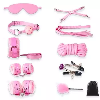 SM Restraints Adult Goods fluffy standard Eye leg cross feather nipple SM sex toys for nipple beginners bag pink Women s [Pink 10-piece set] mask,