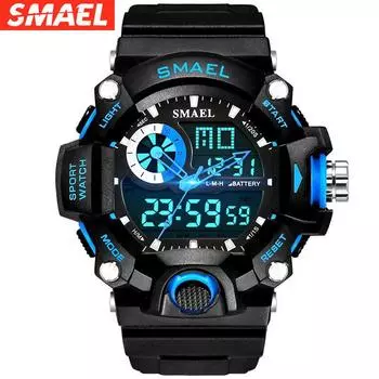 SMAEL Часы с двойным дисплеем Мужские светодиодные цифровые часы Мужские спортивные военные армейские наручные часы Мужские аналоговые ударопрочные часы Наручные часы 1385 NO Package синий/чёрный