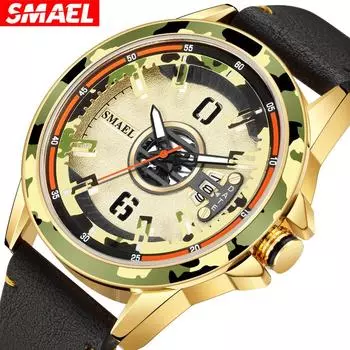 SMAEL Кварцевые Наручные Часы Камуфляжный Чехол Автоматическая Дата Мужские Часы Кожаный Браслет Аналоговые Часы 9172 Военные Крутые Мужские Часы Повседневные NO Package золотой