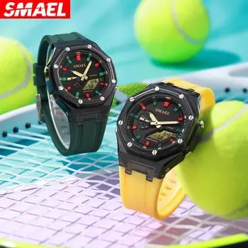 SMAEL Quartz Watch Women Dual Time Fashion Casual Silicone Digital Strap Back Light Student Girl Sports Watch Female Wristwatch