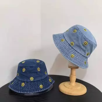 Смайлик милый маленький свежий студент универсальный солнцезащитный козырек солнцезащитная шляпа весна лето джинсовая синяя панама женская M56-58cm чёрный