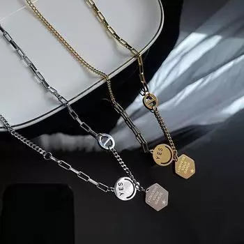 Смайлик с буквенной биркой, титановое стальное ожерелье, цепочка на ключицы для девочек, модная цепочка для свитера, ожерелье в стиле хип-хоп серебряный