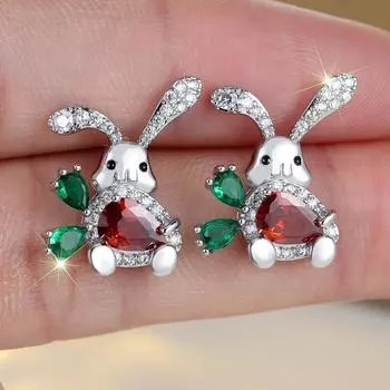 Small Cute Carrot Rabbit Shaped Stud Earrings for Women Girls Red Green Zircon Crystal Earrings Party Jewelry Gifts серебряный