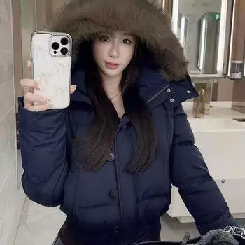 Small design fur collar hooded season down cotton clothes women s bread clothes loose coat M