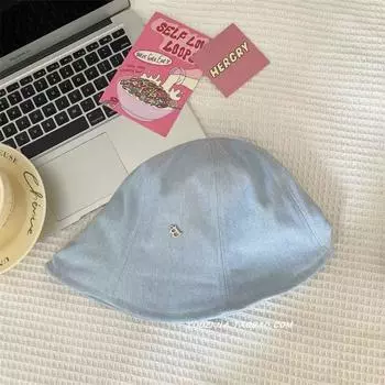 Small face versatile retro sunshade sunscreen basin hat high quality denim dome bucket hat ruffle brim M56-58cm темно-синий