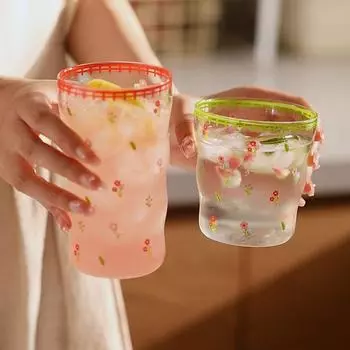 Small Flower Glass, High Borosilicate New Water Cups, Summer Women s Office Mug, Juice Cup Drinkware 301-400ml