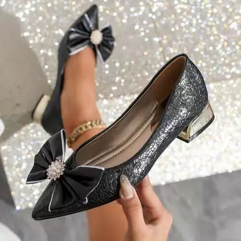 Small fragrant pearls embellished with bows, light mouth, low heel, pointed women s high heels, elegant and sweet skirt 34 розовый