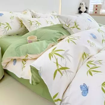 Small fresh 4pcs set Class A maternal and infant grade pure cotton abraded dormitory 3pcs set skin-friendly sleeping naked bed sheet quilt cover Single quilt 150 * 200cm