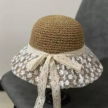 Small fresh and versatile lace strap bow hat women s summer outing big brim beach hat straw hat women s summer M56-58cm хаки
