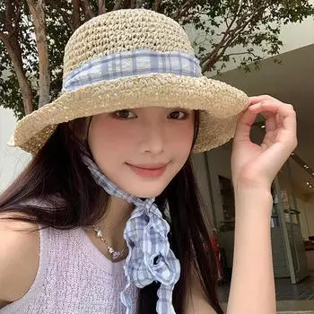 Small fresh blue plaid woven ribbon straw hat women s summer travel big brim sun protection sunshade beach M56—58cm бежевый