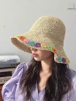 Small fresh crochet straw hat women s versatile summer sunshade fisherman hat children travel sunscreen basin hat foldable M56-58cm хаки