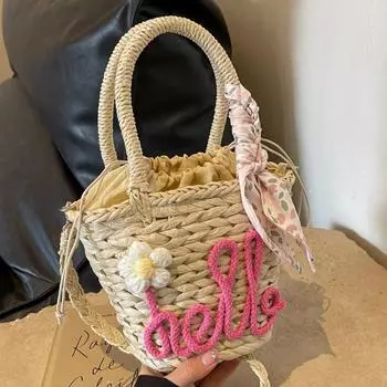 Small Fresh Woven Tote Stylish Letter Straw Bag Seaside Holiday Beach Crossbody Bag синий