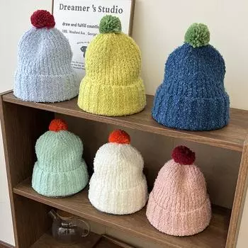 Small hairball pile hat children playful and cute face small knitted wool hat warm couple ear protector cold hat men elastic average size темно-коричневого