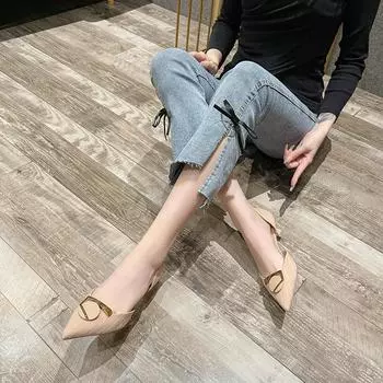 Small heel single shoes women s 2025 spring new metal buckle small fresh Internet celebrity professional pointed thin heel high heels 34