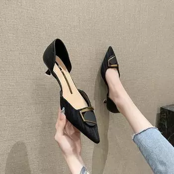 Small heel single shoes women s spring new metal buckle small fresh professional pointed thin heel high heels 34