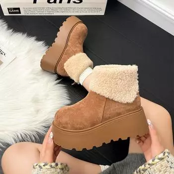 Small height increase outdoor piled thickened cotton shoes 2025 winter new thick-soled lapel fluffy snow boots women s 35