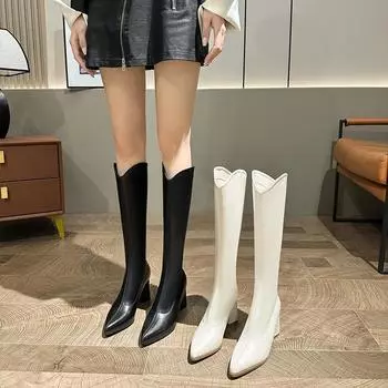 Маленькие сапоги на высоком каблуке. Новые женские сапоги с V-образным носком и черным каблуком на осень/зиму 2024 г. 35 чёрный