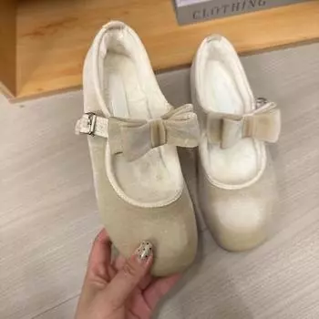 Small inner height increase 5cm Mary Jane shoes women s leather fashion round head bow one-word buckle with velvet single shoes 34