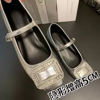 Small inner height increase 5CM single shoes women s silver one-word buckle strap medium heel Mary Jane shoes rhinestone high heels 34