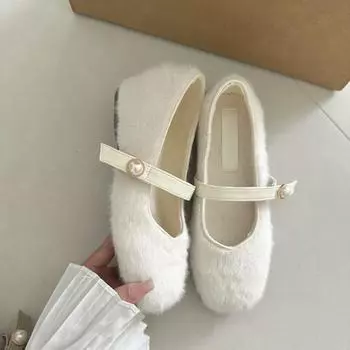 Small inner height increase ballet hairy shoes women wear velvet Mary Jane shoes in winter 34