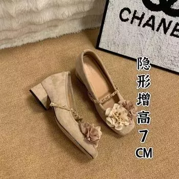 Small inner height increase spring camellia suede women s shoes Mary Jane thick heel single shoes 34