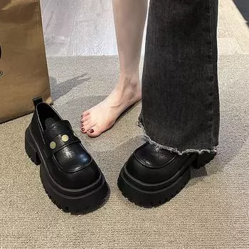 Small leather shoes 2025 spring new one-pedal thick heel JK shoes women s Korean version round head retro with skirt single shoes 35 хаки