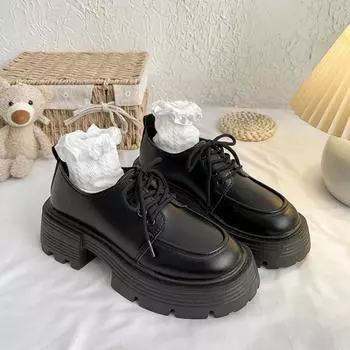 Small leather shoes spring and autumn new trendy thick-soled lace-up black single shoes muffin bottom 35