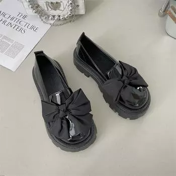 Small leather shoes spring and summer new pearl bow girl single shoes thick heel Mary Jane shoes women 35