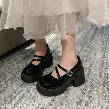 Small leather shoes summer and autumn new college style round head thick heel retro one-word buckle Mary Jane single shoes women 35