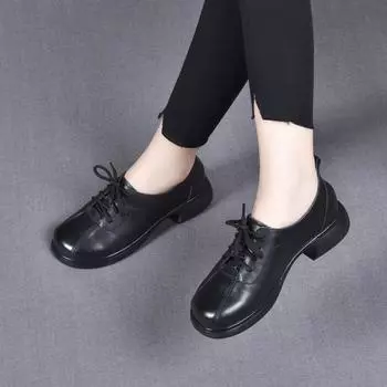 Small leather shoes women s autumn new round head lace-up flat shoes comfortable college style single shoes 35