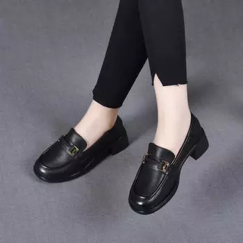 Small leather shoes women s autumn new first-layer cowhide middle heel single shoes round head shallow mouth one pedal women s shoes 35