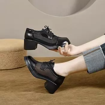 Small leather shoes women s British mesh breathable lace-up round head thick heel single shoes black college women s shoes 34