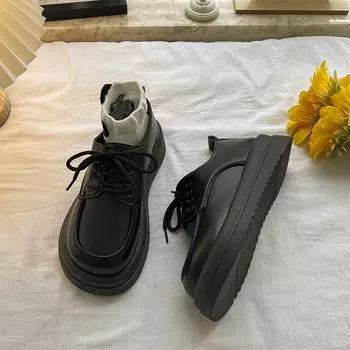 Small leather shoes women s British style 2025 new spring versatile muffin platform soles Japanese students lace-up retro single shoes 35 бежевый