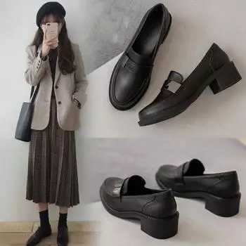 Small leather shoes women s loafers 2024 new thick heel British style versatile professional medium heel soft leather one-pedal work shoes 36