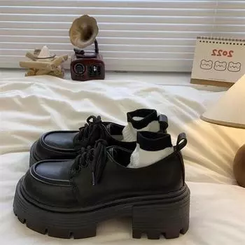 Small leather shoes women s new versatile single shoes lace-up platform retro thick heel black shoes 35 матовый черный